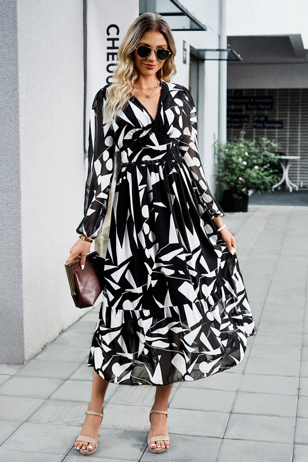 Black Printed Long Sleeves Casual Dress